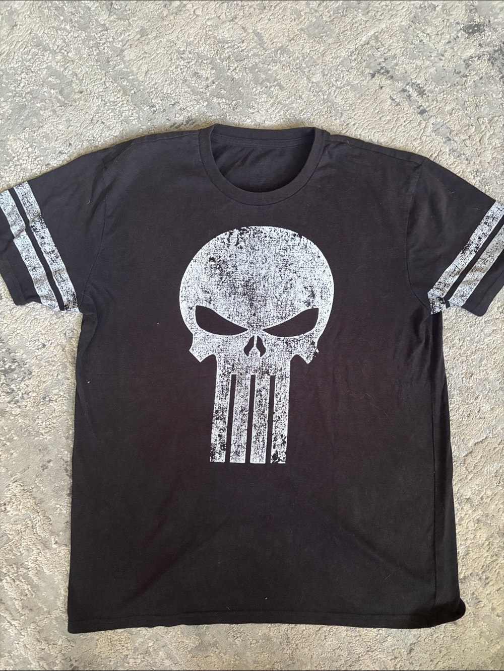 Marvel Men’s Black Tee with Distressed White Punisher Skull
